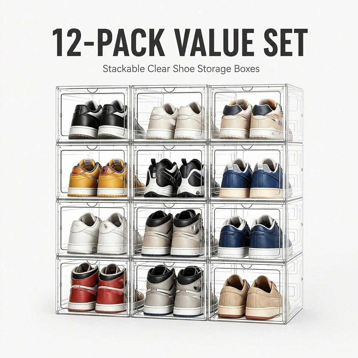 Clear Stackable Shoe Boxes with Lids – Fits US Size 12+, Thickened Plastic, White/Clear
