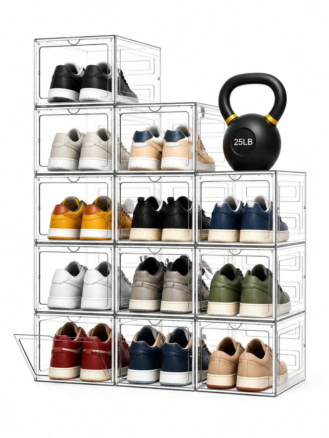 Clear Stackable Shoe Boxes with Lids – Fits US Size 12+, Thickened Plastic, White/Clear