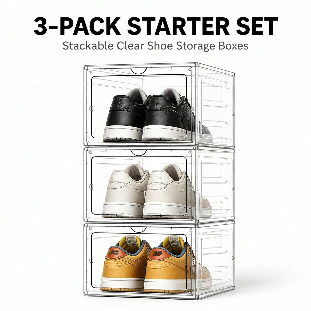 Clear Stackable Shoe Boxes with Lids – Fits US Size 12+, Thickened Plastic, White/Clear