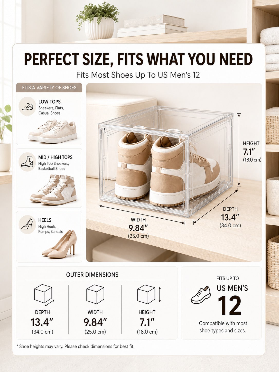 Clear Stackable Shoe Boxes with Lids – Fits US Size 12+, Thickened Plastic, White/Clear