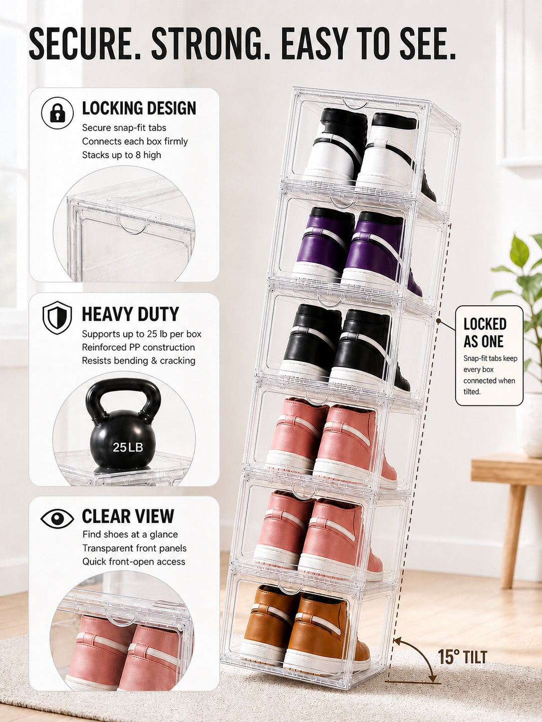 Clear Stackable Shoe Boxes with Lids – Fits US Size 12+, Thickened Plastic, White/Clear