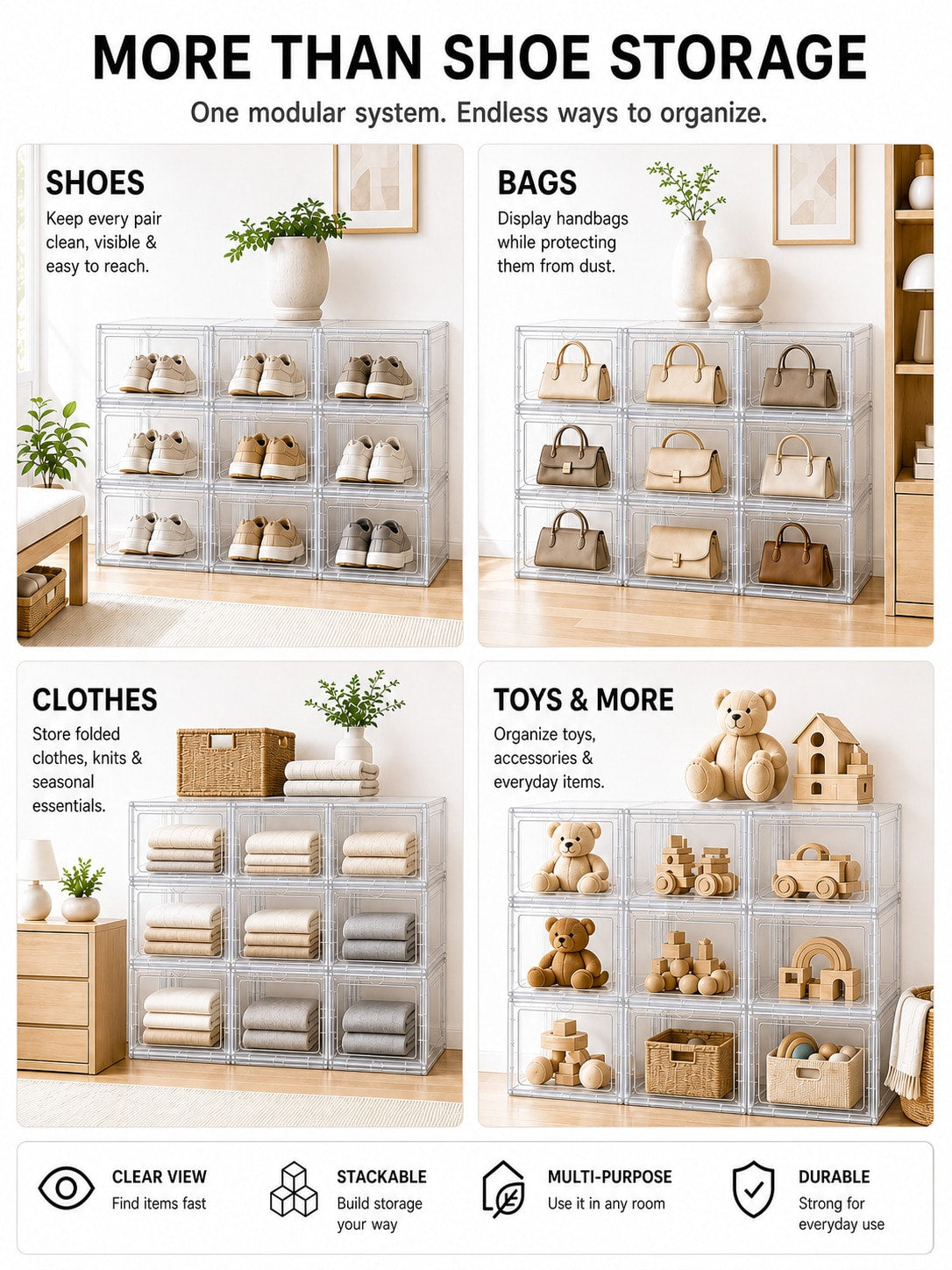 Clear Stackable Shoe Boxes with Lids – Fits US Size 12+, Thickened Plastic, White/Clear