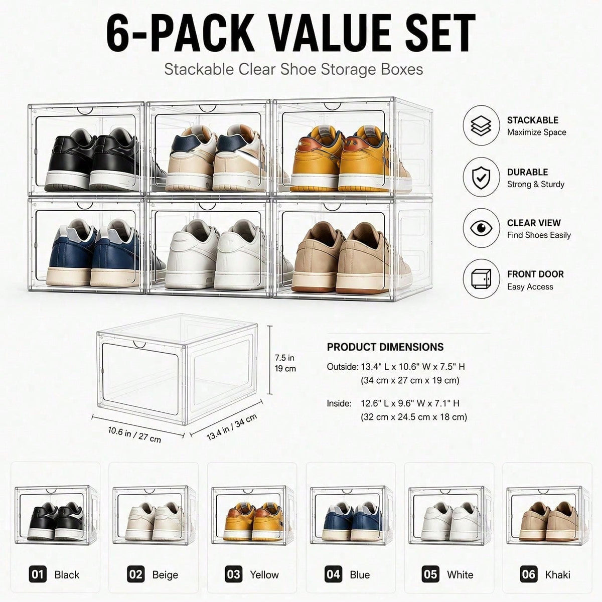 Clear Stackable Shoe Boxes with Lids – Fits US Size 12+, Thickened Plastic, White/Clear
