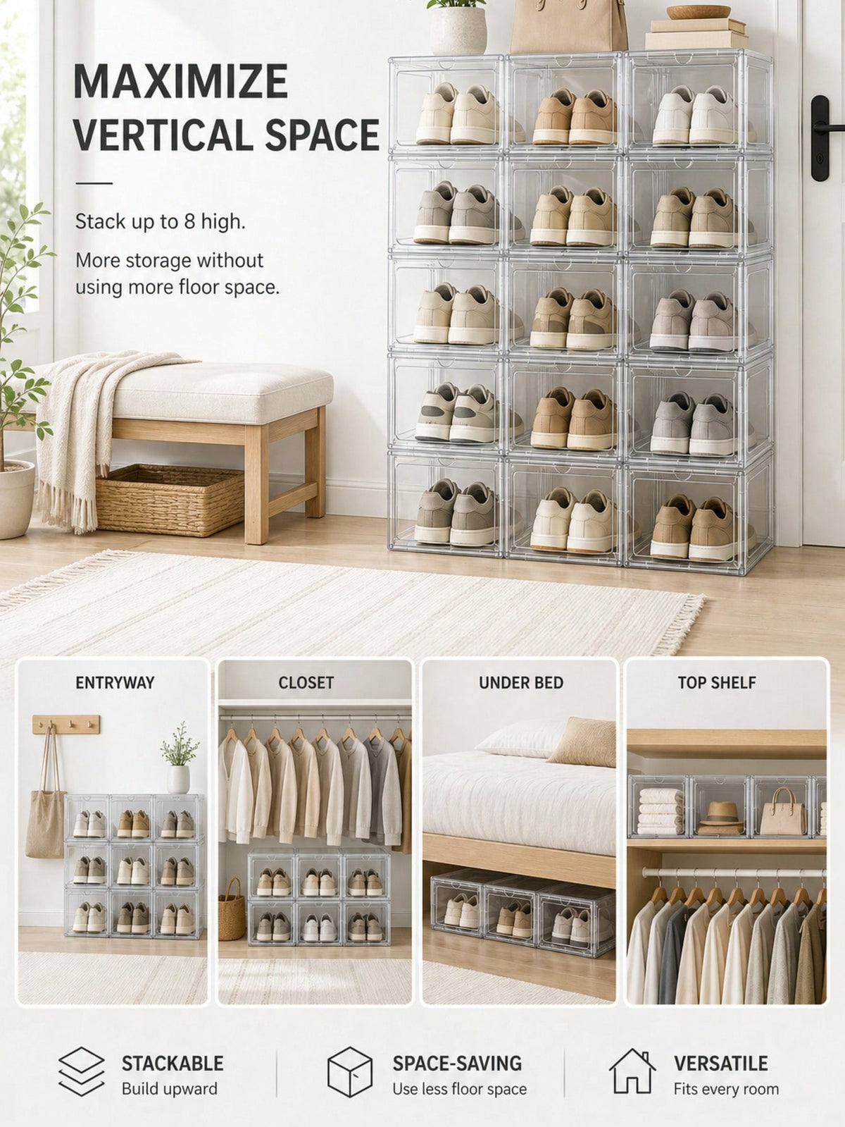 Clear Stackable Shoe Boxes with Lids – Fits US Size 12+, Thickened Plastic, White/Clear