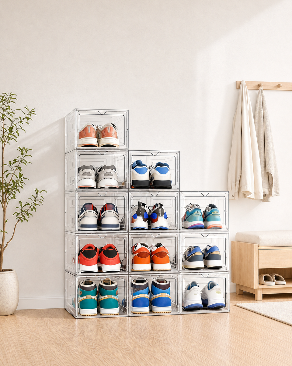 VEXELFOX clear stackable shoe storage boxes with a before and after closet organization comparison