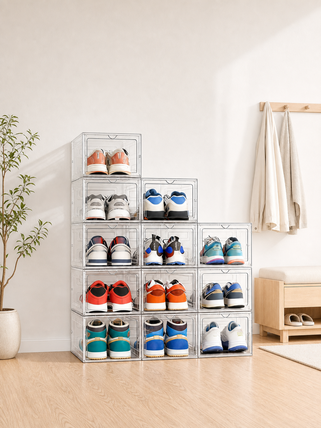 VEXELFOX clear stackable shoe storage boxes with a before and after closet organization comparison
